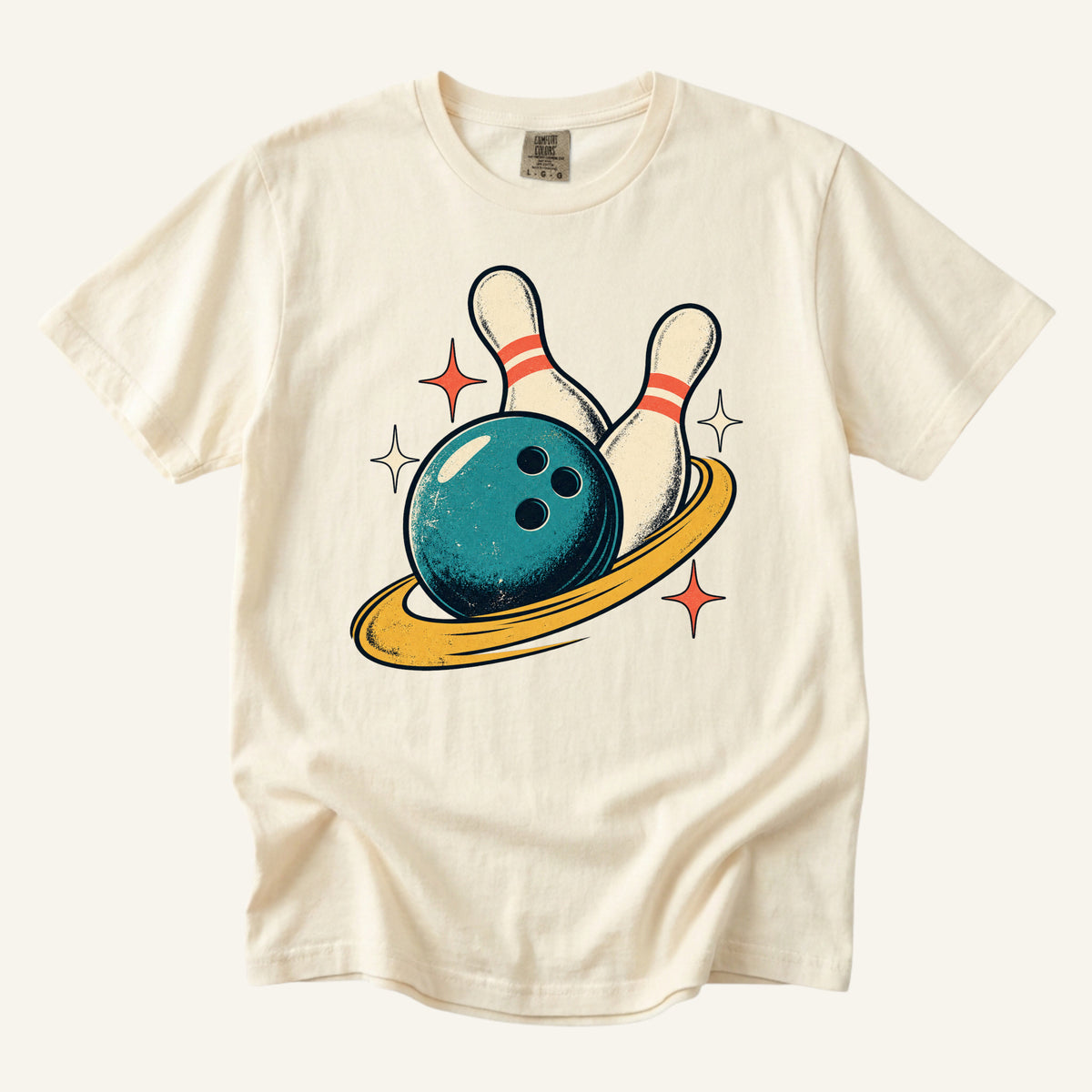 One More Frame T-Shirt in Ivory — a classic retro look for the bowling alley sign design