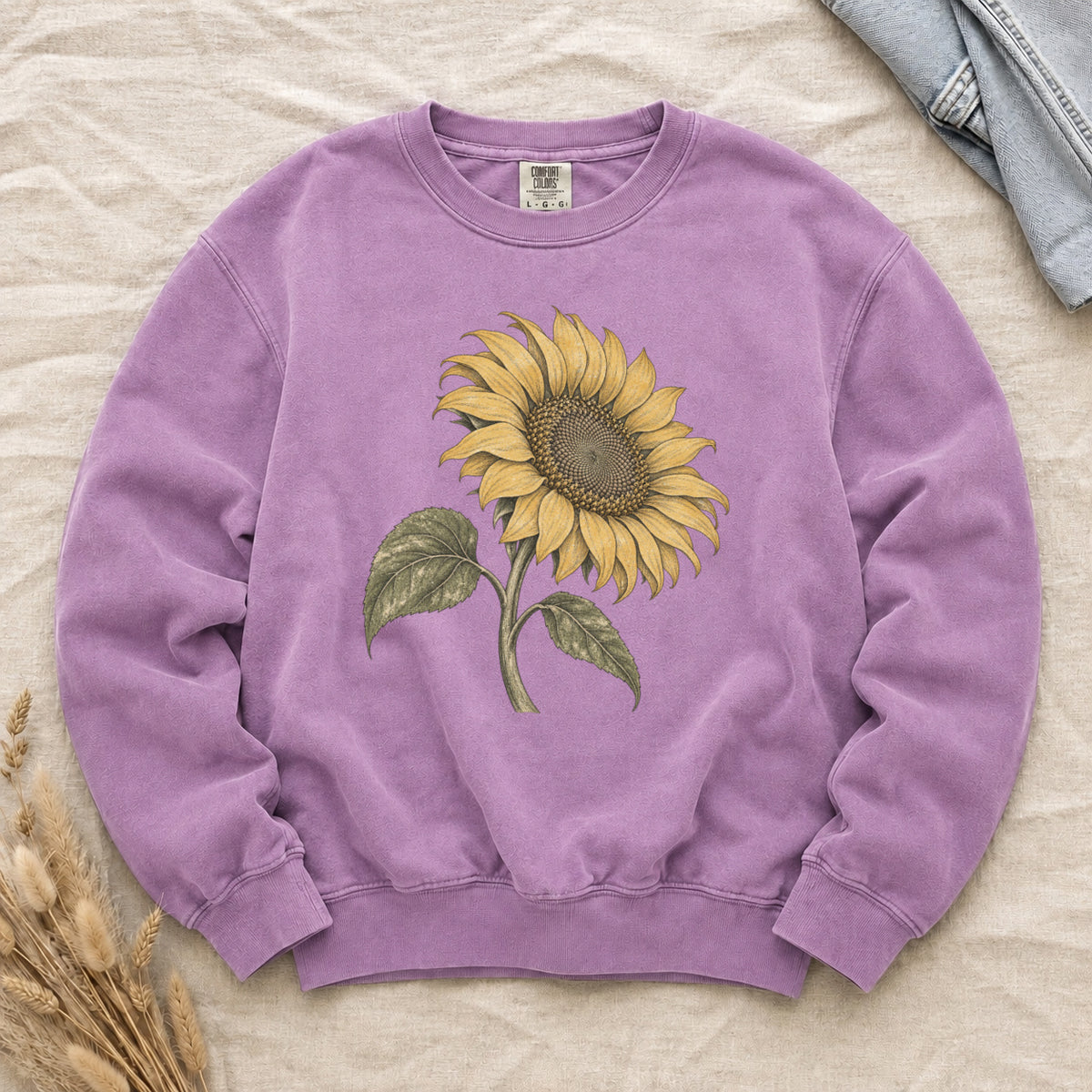 One Summer Taller sweatshirt in Orchid, a vintage sunflower illustration on soft lilac