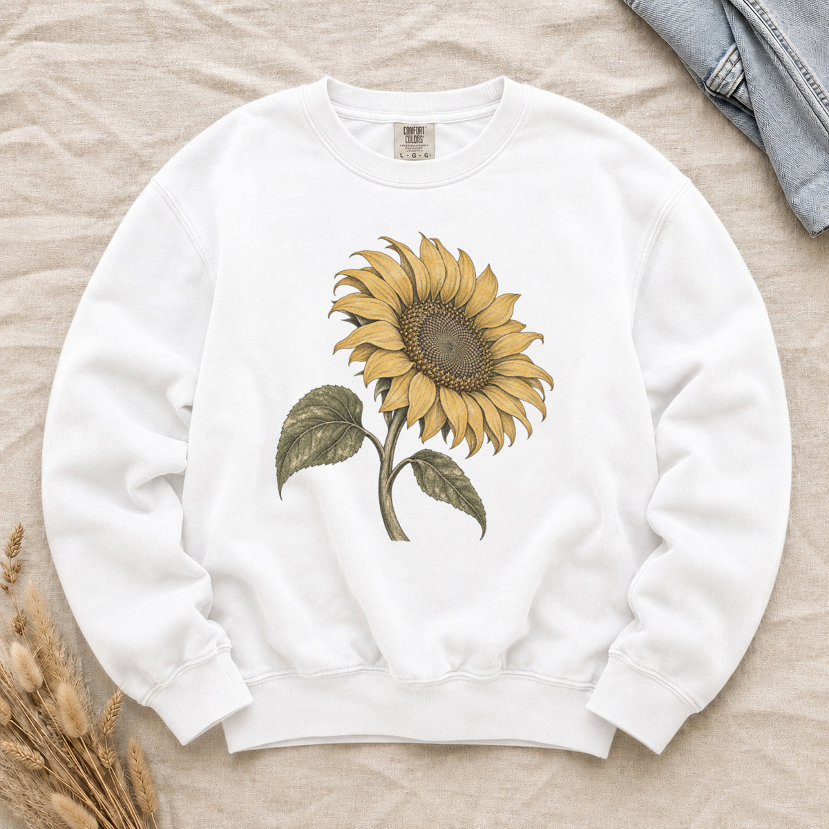 One Summer Taller sweatshirt in White, a tall sunflower with olive leaves in fine illustrative lines