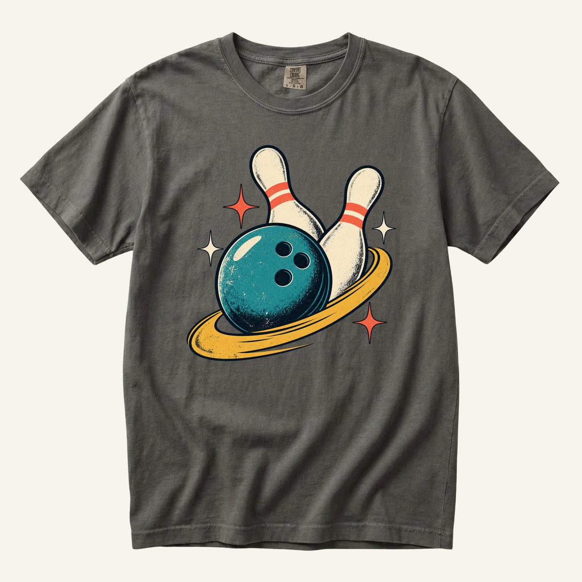 One More Frame T-Shirt in Pepper — the bowling ball and pins at stronger contrast
