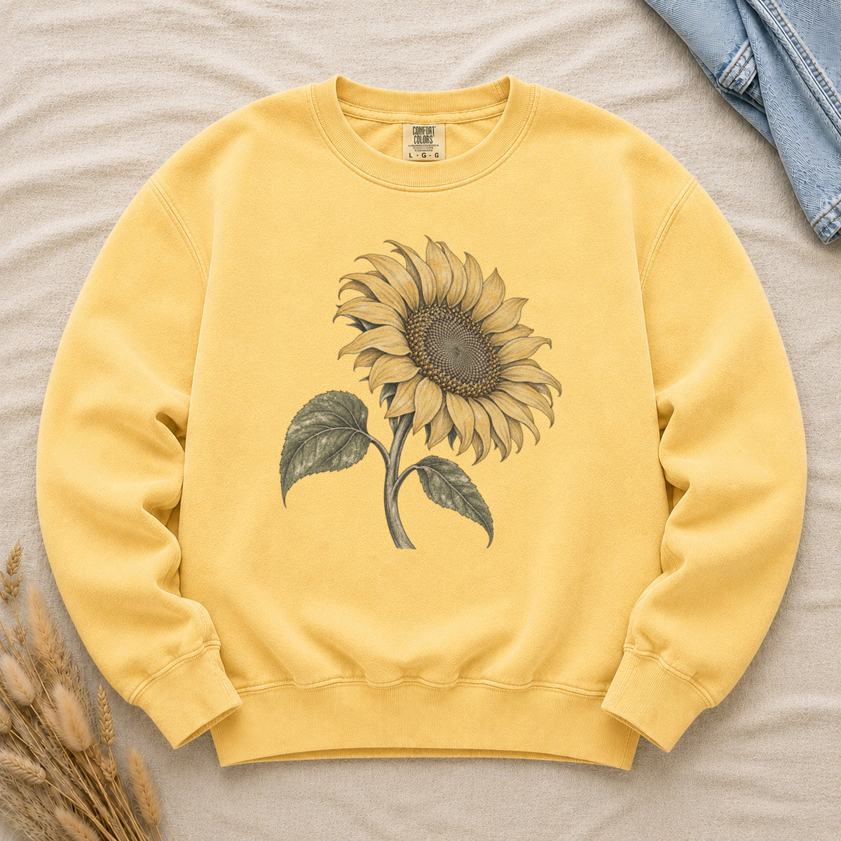 One Summer Taller sweatshirt in Butter, a golden sunflower on soft yellow, a gift for gardeners