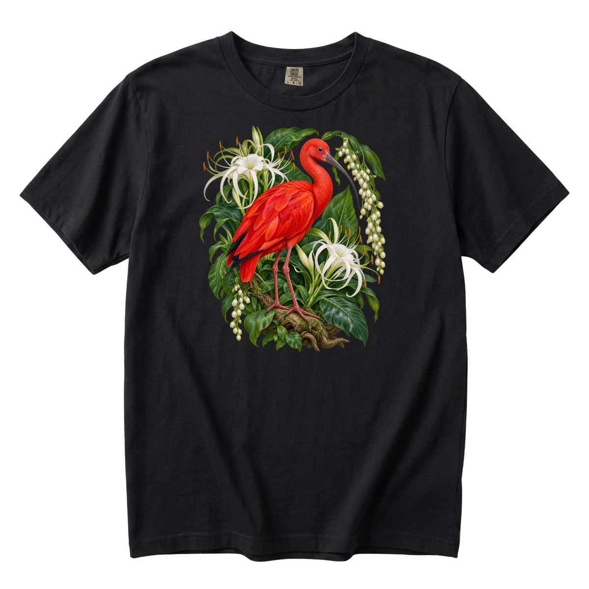 One in Scarlet premium tee in Black, a scarlet ibis among white spider lilies