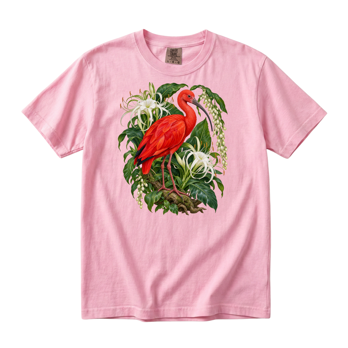 One in Scarlet premium scarlet ibis tee in Blossom, a red ibis among spider lilies