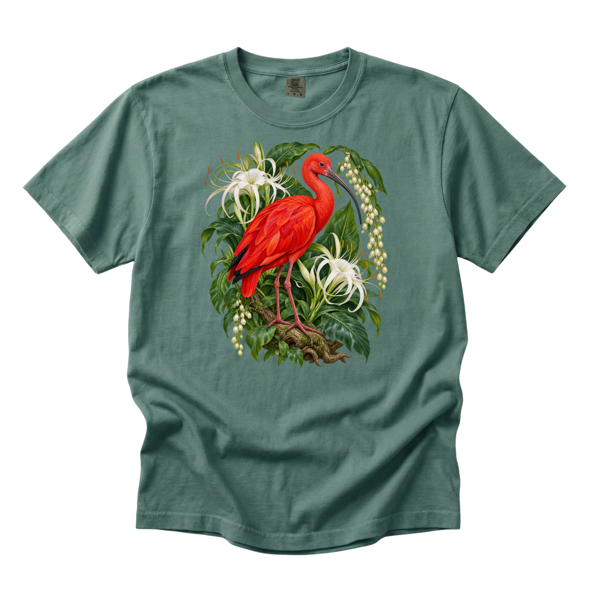 One in Scarlet premium scarlet ibis tee in Light Green, a tropical botanical bird portrait