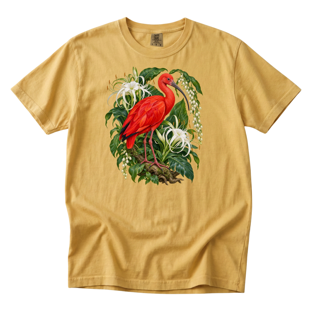 One in Scarlet premium scarlet ibis tee in Mustard, a red ibis with green foliage