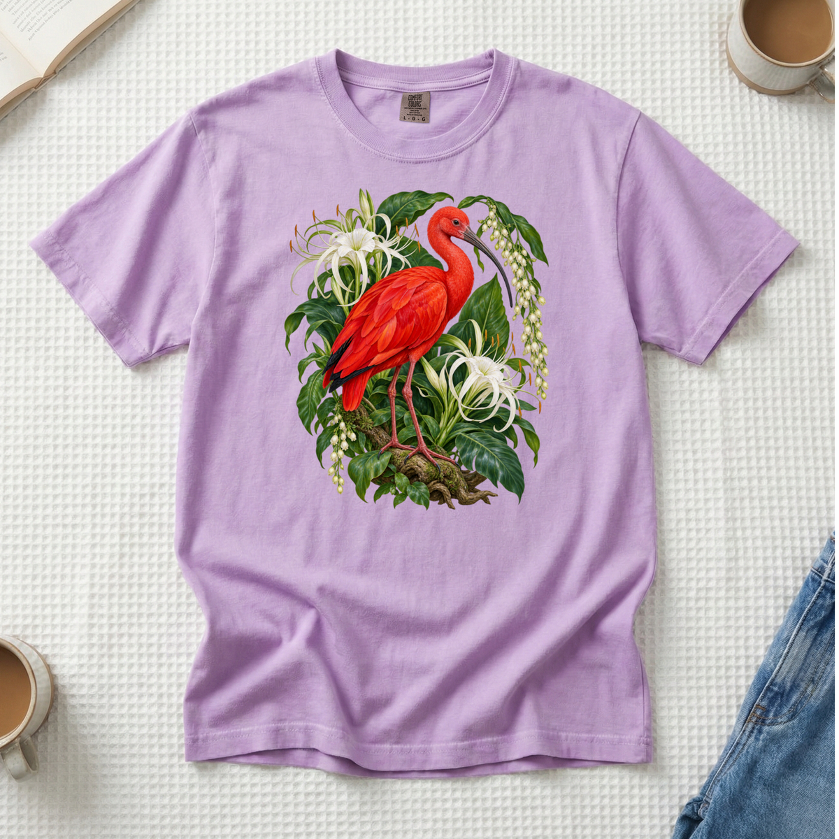 One in Scarlet premium scarlet ibis tee in Orchid, a tropical bird and lily print