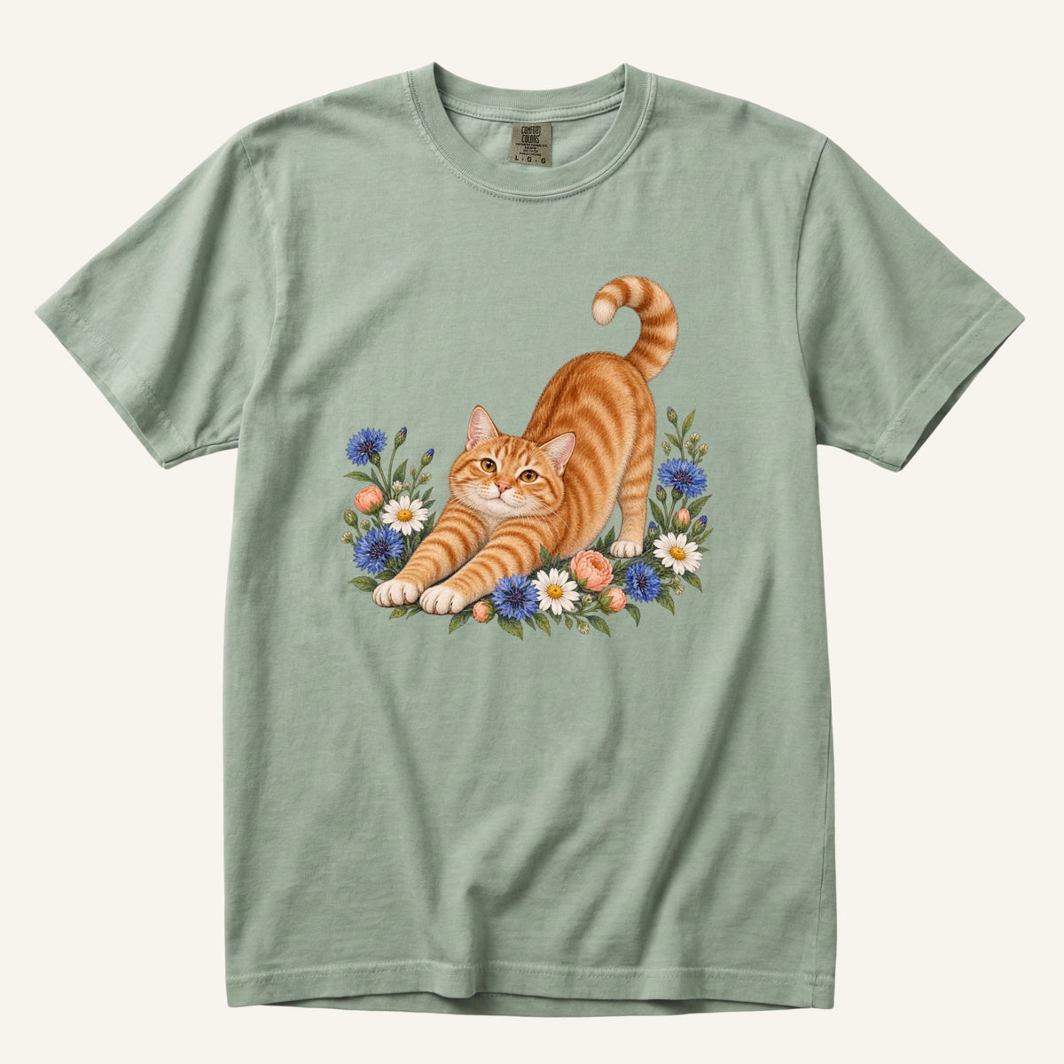 Orange Tabby Cat T-Shirt in Bay — ginger cat with cornflowers and daisies on garment-dyed cotton