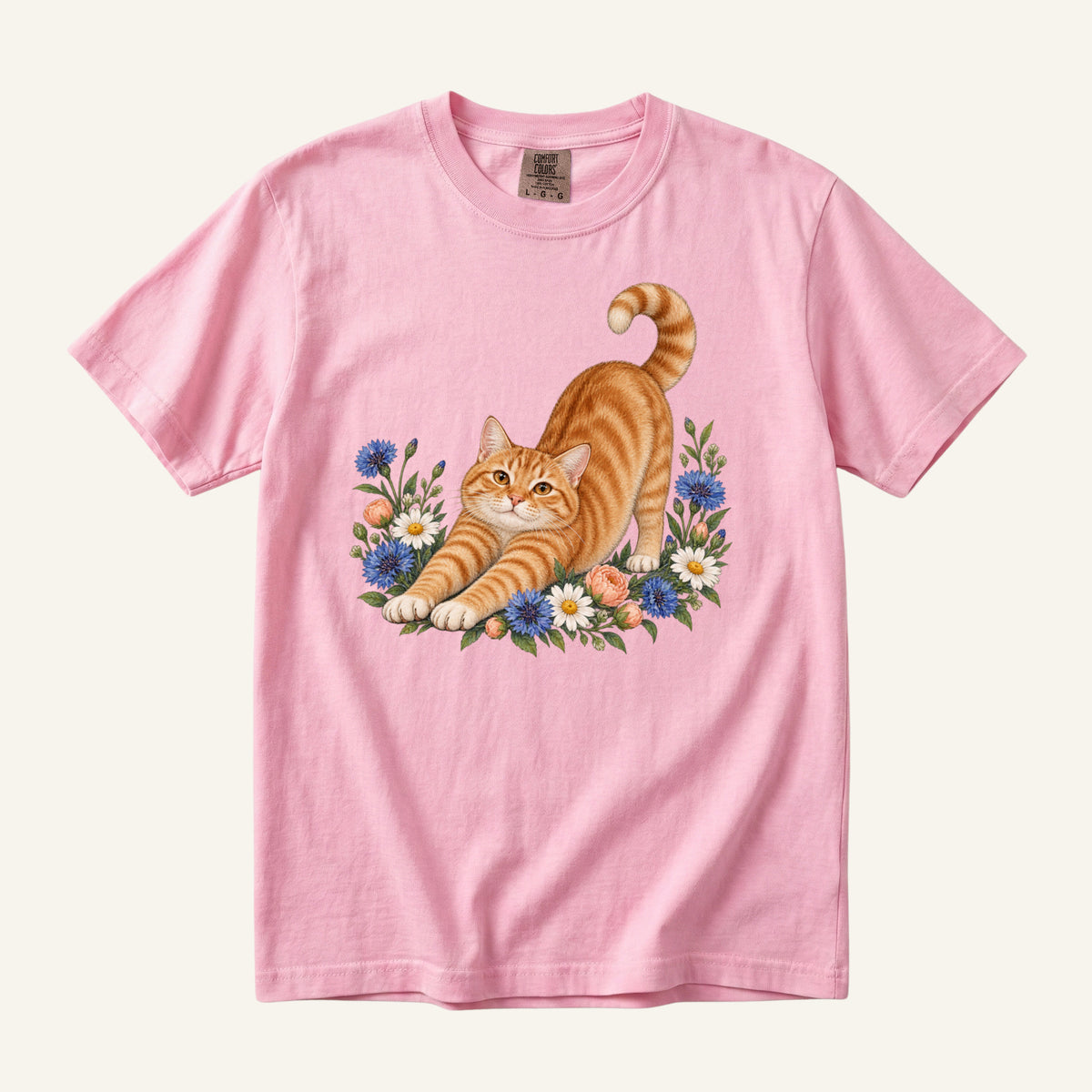 Orange Tabby Cat T-Shirt in Blossom — orange tabby and cornflower design, made to order in the USA