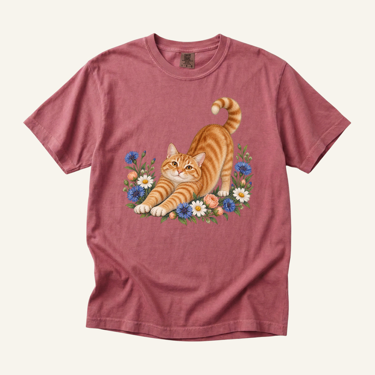 Orange Tabby Cat T-Shirt in Brick — stretching ginger tabby among wildflowers, sizes S to 4XL