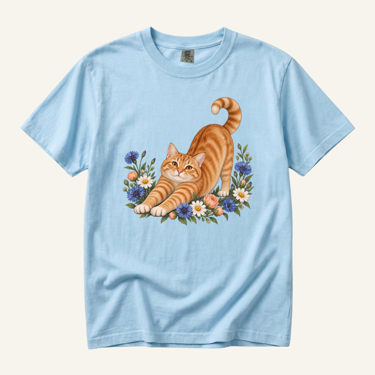 Orange Tabby Cat T-Shirt in Chambray — striped orange cat with blue cornflowers and white daisies