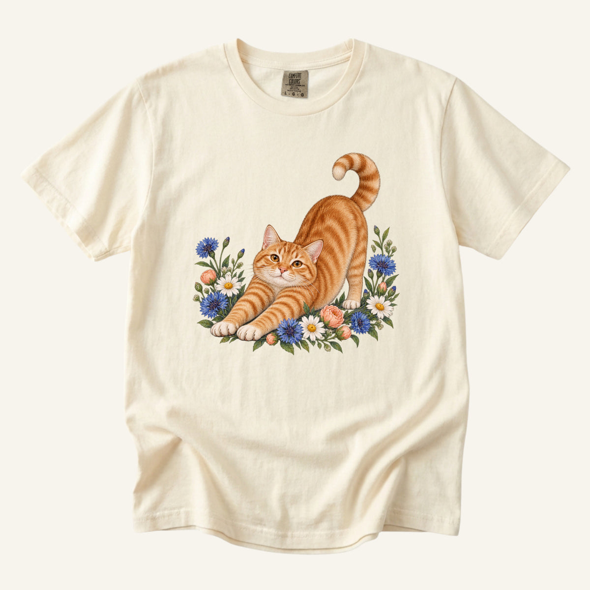 Orange Tabby Cat T-Shirt in Ivory — cat mom botanical tee on heavyweight garment-dyed cotton