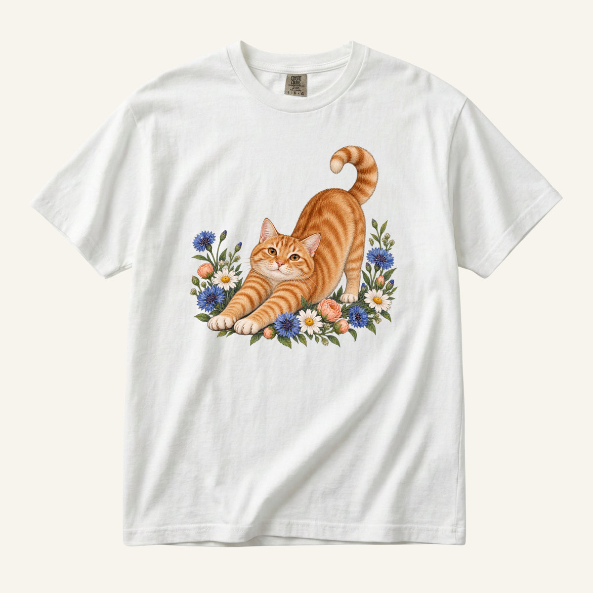 Orange Tabby Cat T-Shirt in White — ginger cat and cornflower botanical watercolor, front print