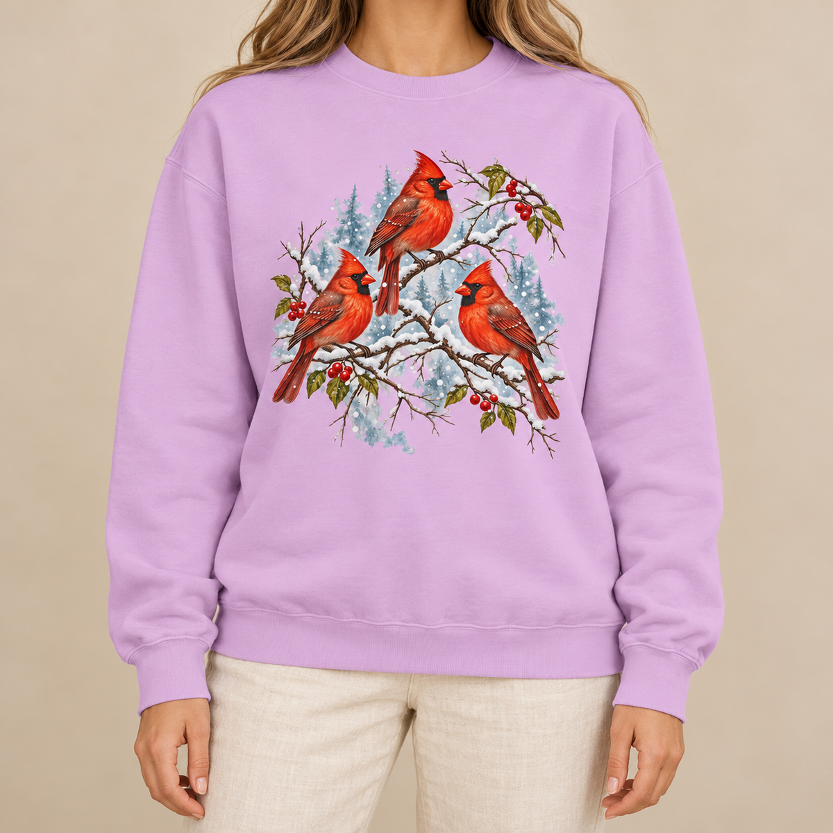 Orchid cardinal sweatshirt studio mockup - close-up of the three cardinals on snowy berry branches print