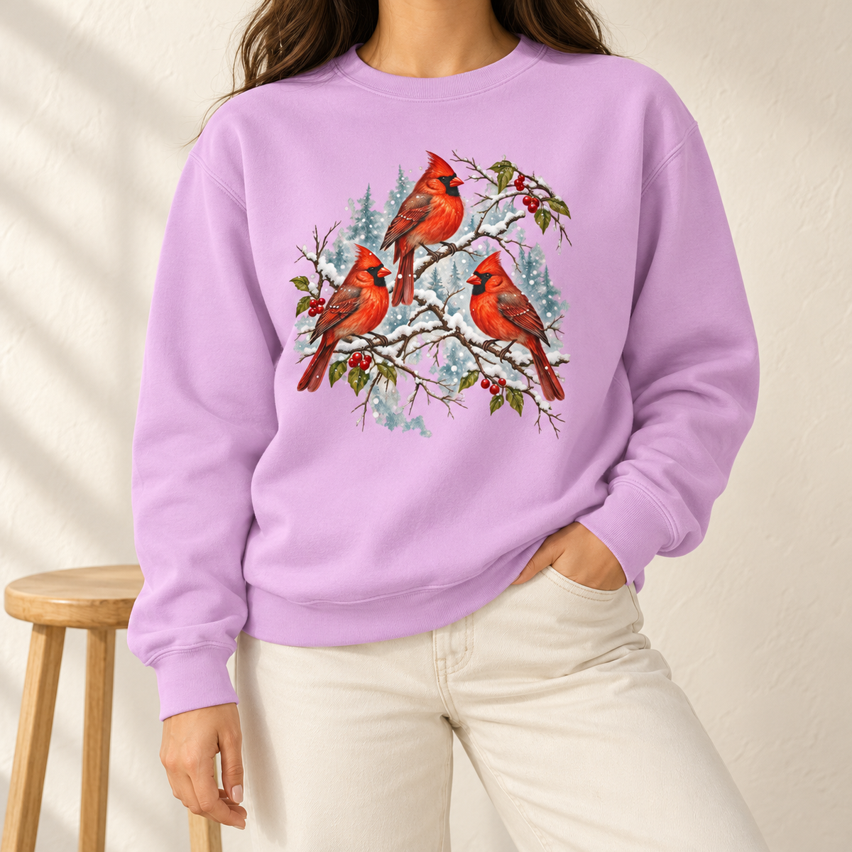 Three Snowy Cardinals on Berry Branches Sweatshirt in Orchid - three cardinals in snow on a soft lilac Comfort Colors crewneck