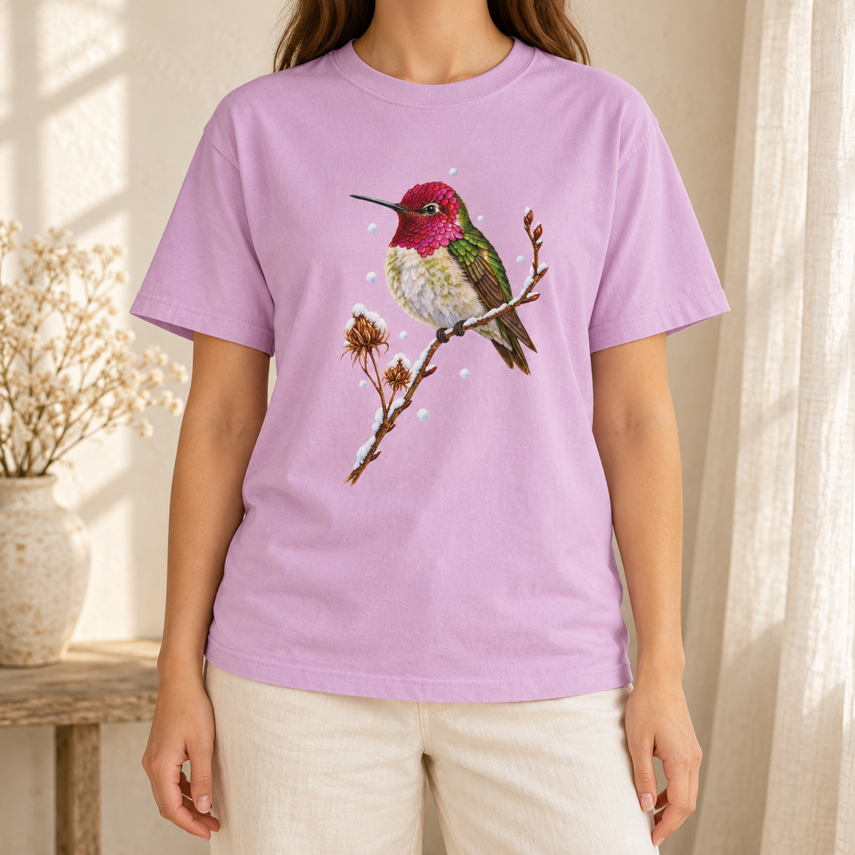 Winter Hummingbird T-Shirt in Orchid - a watercolor Anna's hummingbird with a magenta head perched on a snowy twig, printed on a garment-dyed Comfort Colors 1717 cotton tee