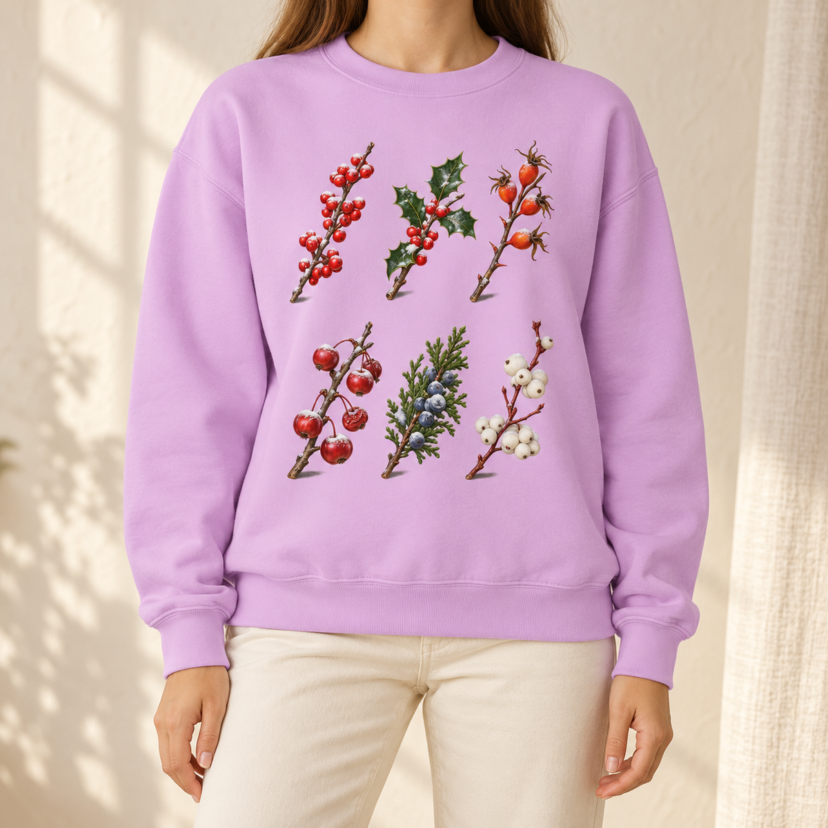 Winter Berries Study Sweatshirt in Orchid - six watercolor berry sprigs with frost laid out like a botanical plate, printed on a garment-dyed Comfort Colors 1566 crewneck
