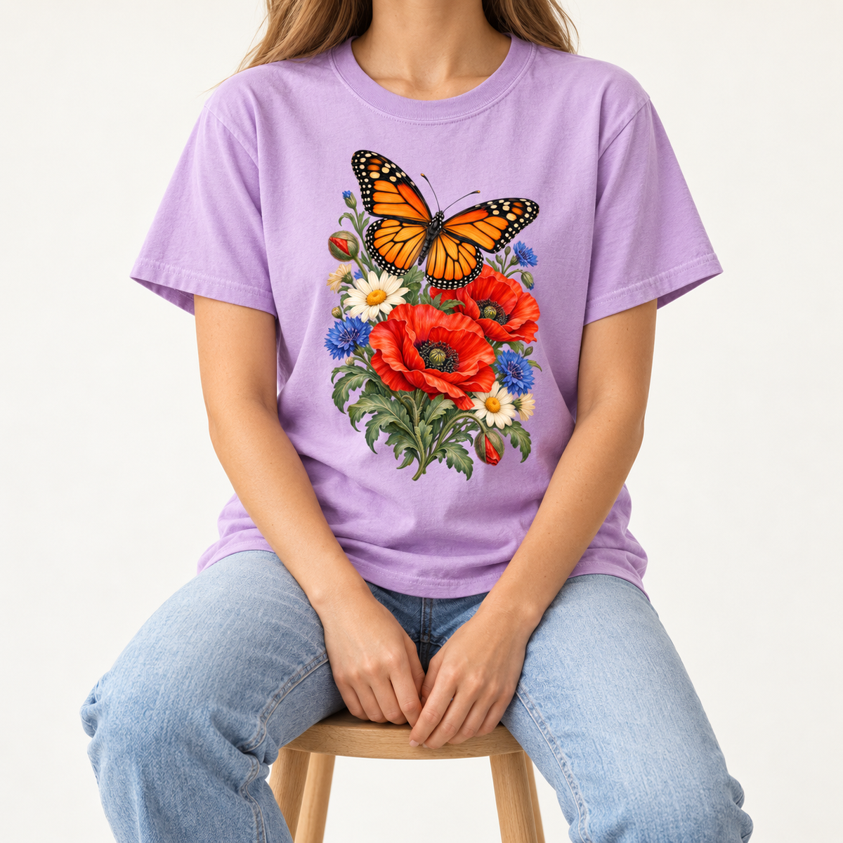 Orchid Red Poppies and Butterfly T-Shirt — the botanical arrangement printed centered on the chest, no lettering in the design