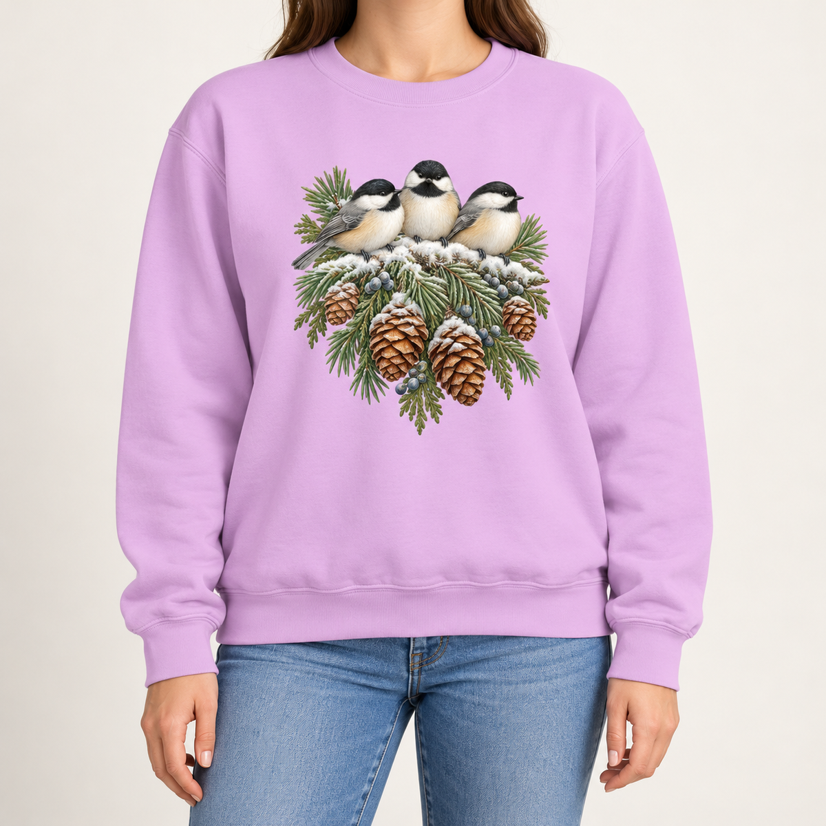Orchid chickadee sweatshirt - three snowy chickadees and pinecones on a garment-dyed Comfort Colors crewneck