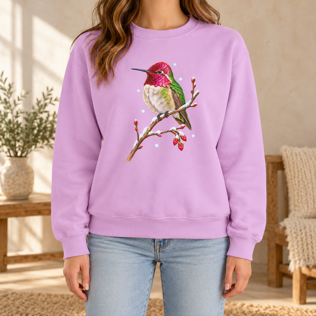 Winter Hummingbird Sweatshirt in Orchid - a watercolor Anna's hummingbird with a magenta head perched on a snowy twig, printed on a garment-dyed Comfort Colors 1566 crewneck