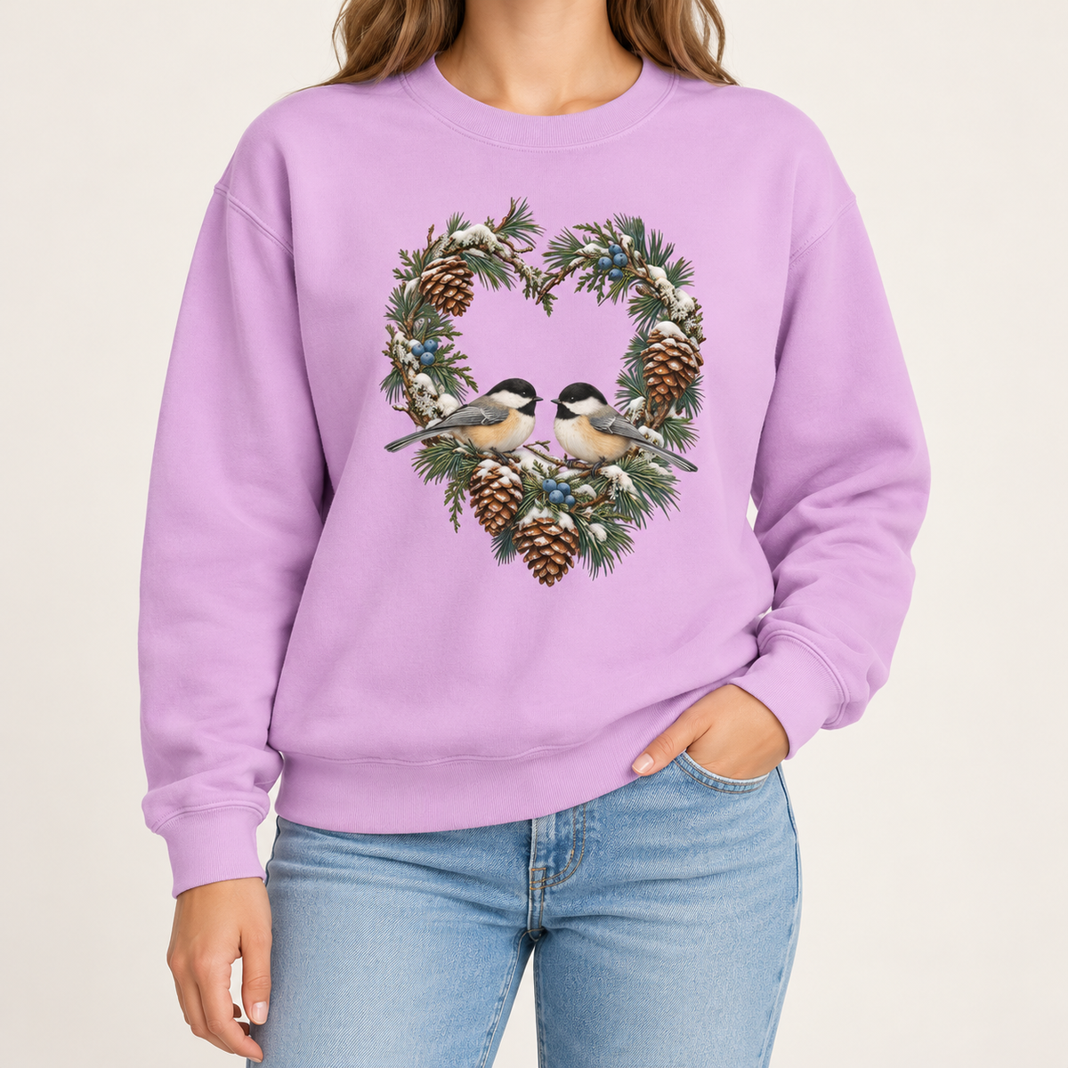 Chickadee heart wreath sweatshirt in Orchid – a pair of chickadees on a snowy pine heart wreath with pinecones, printed large on the chest of a Comfort Colors crewneck