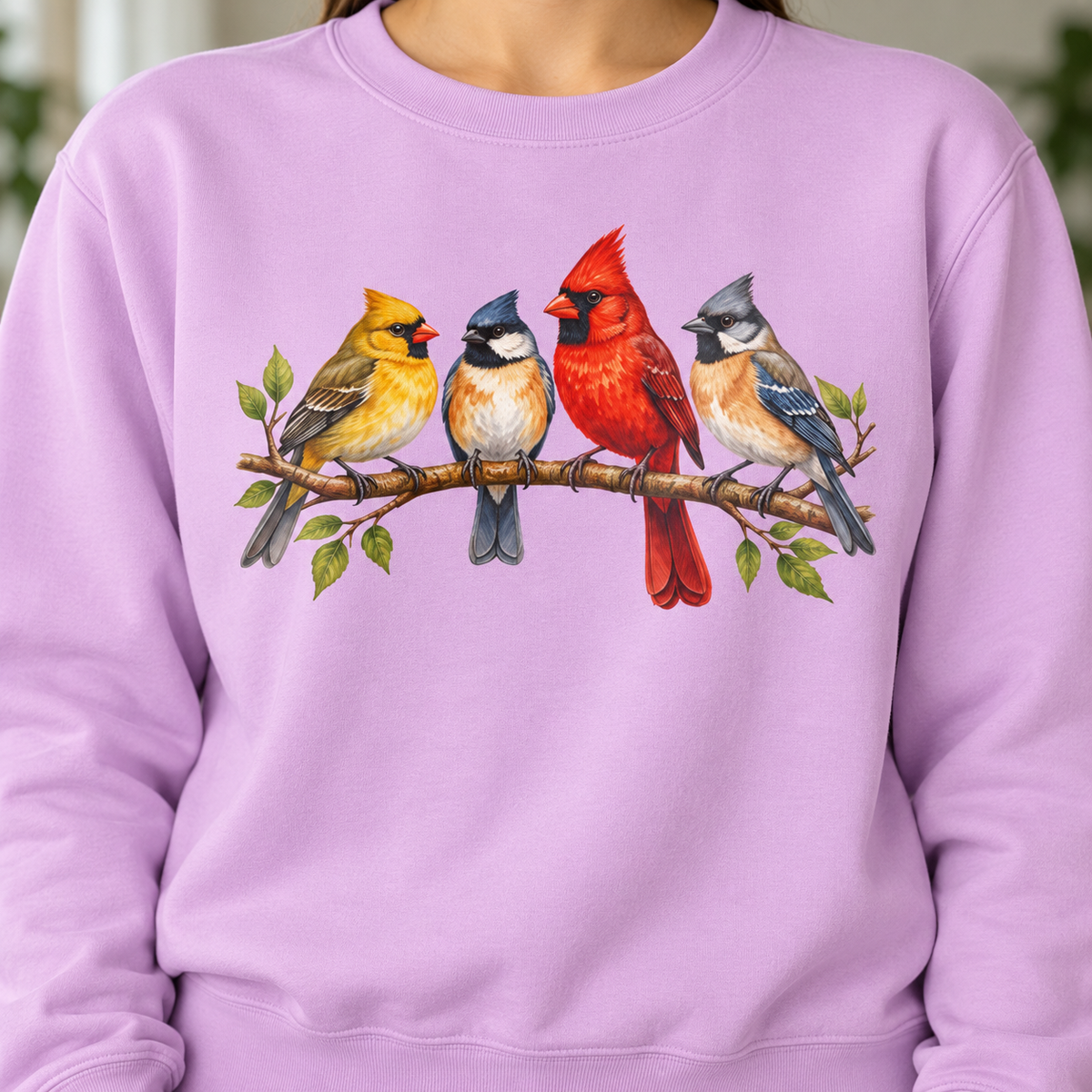 Orchid sweatshirt with the four-bird artwork - close-up of the cardinal pair, chickadee and bluebird print