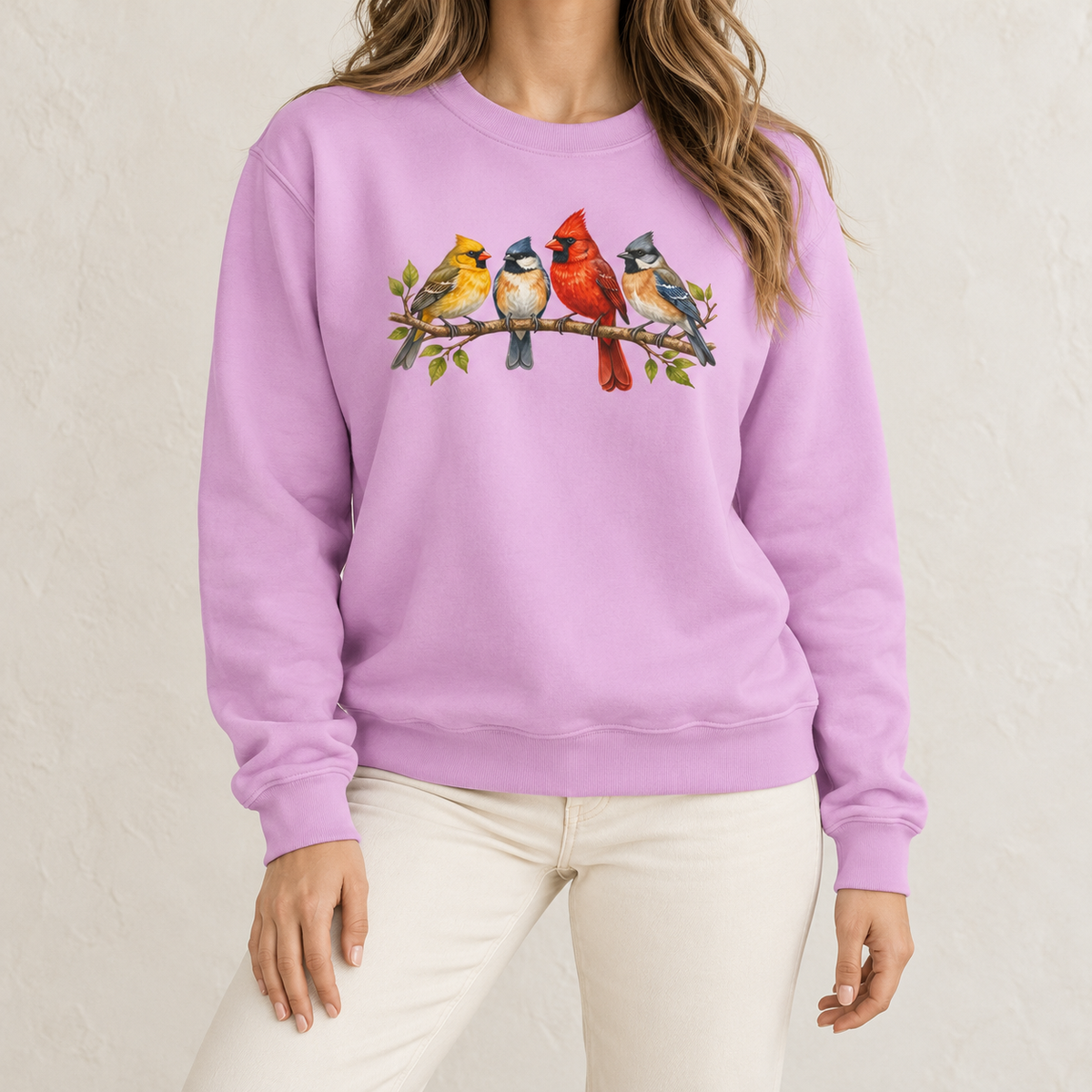 Four Colorful Songbirds on a Leafy Branch Sweatshirt in Orchid - four songbirds on a branch on a soft lilac Comfort Colors crewneck