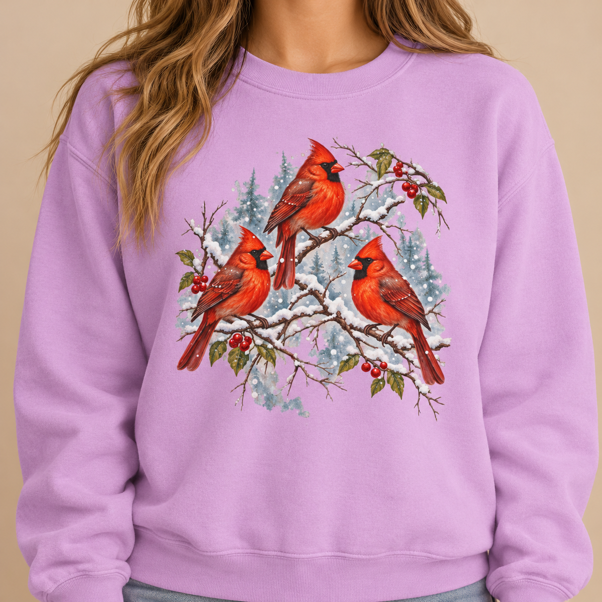 Orchid sweatshirt with snowy cardinals - Three Snowy Cardinals on Berry Branches crewneck in soft lilac