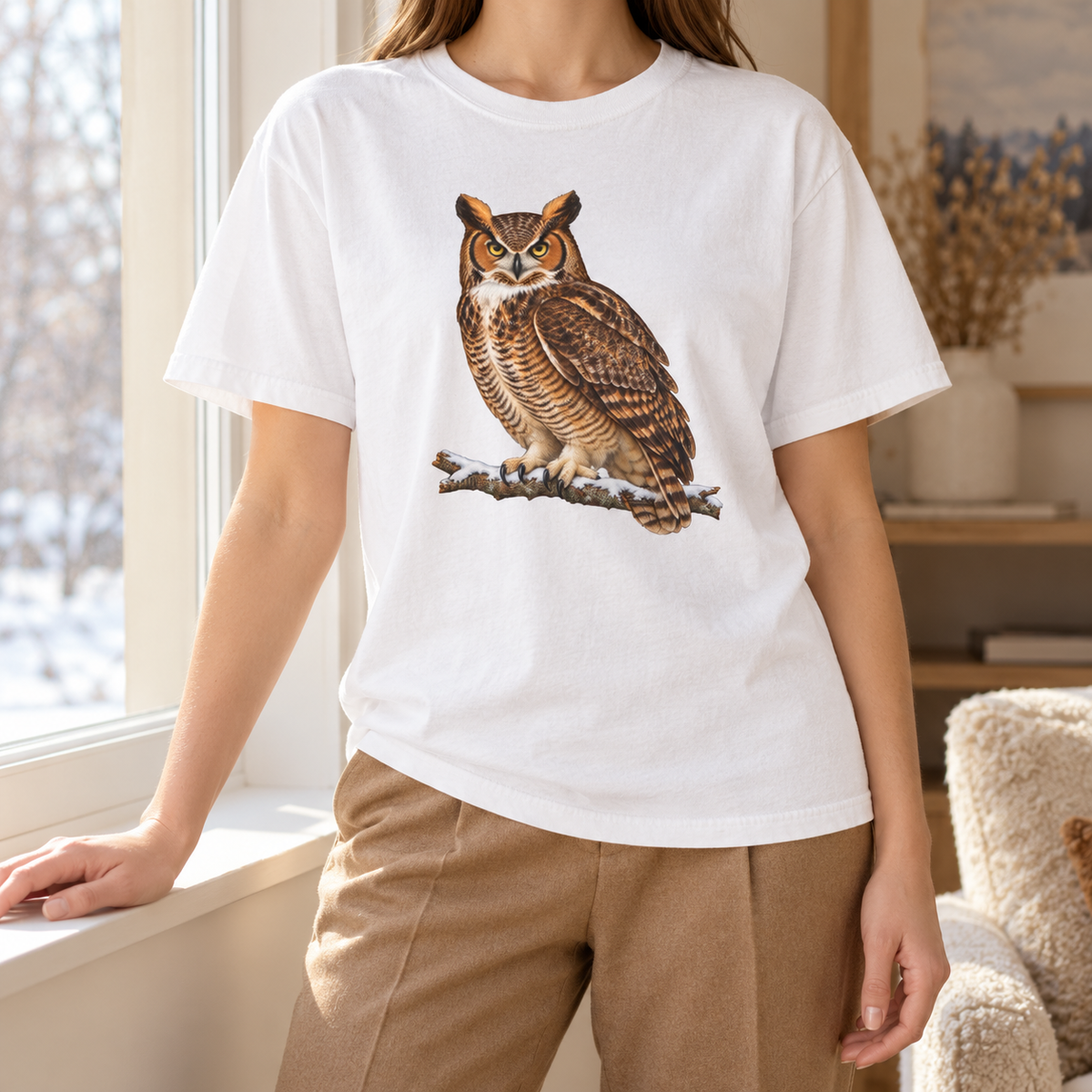 Great horned owl t-shirt in White in warm window light – every feather edge outlined on a garment-dyed Comfort Colors tee
