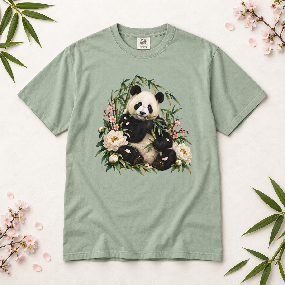 Panda, Peony & Bamboo T-Shirt — Garment-Dyed Cotton