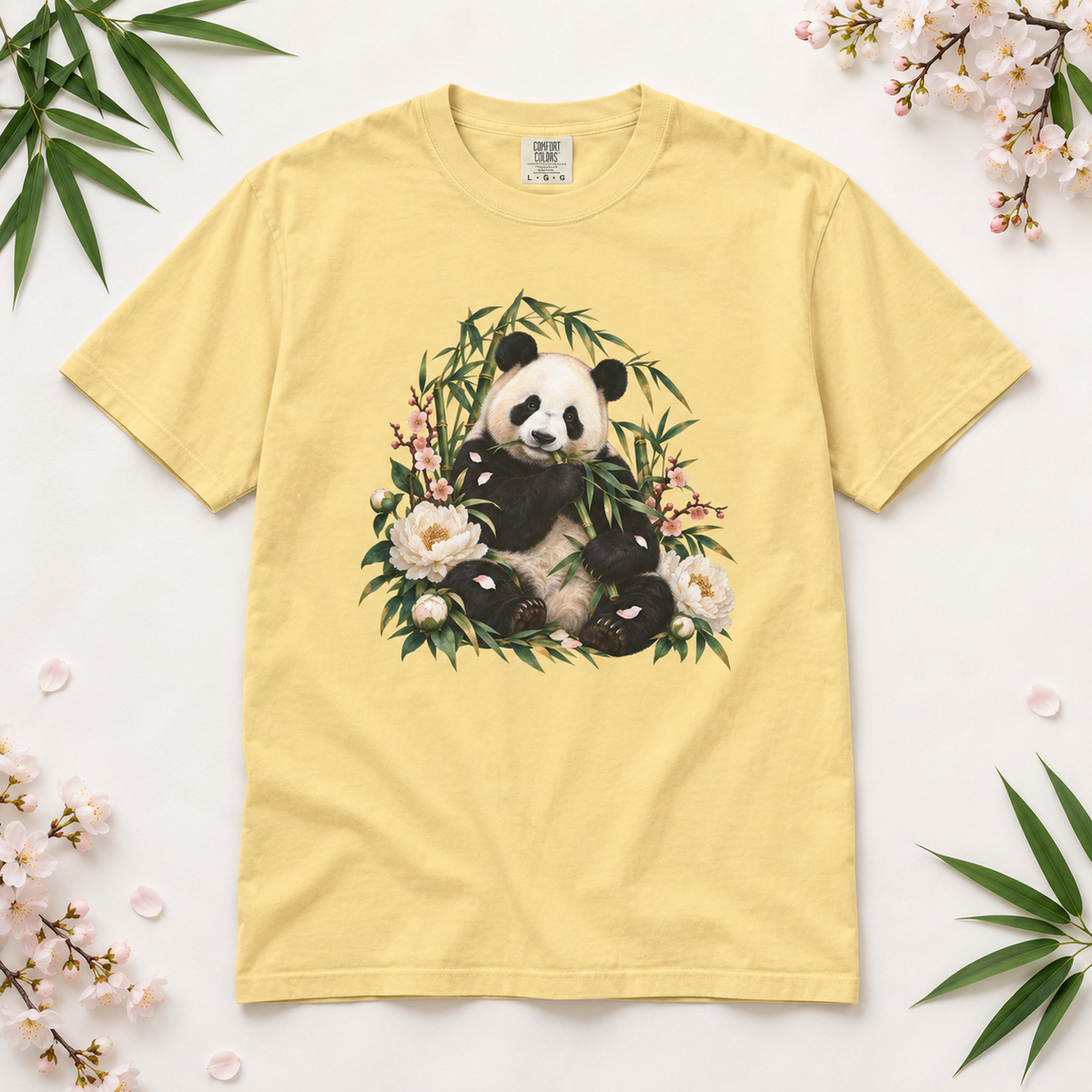 Panda, Peony & Bamboo T-Shirt — Garment-Dyed Cotton