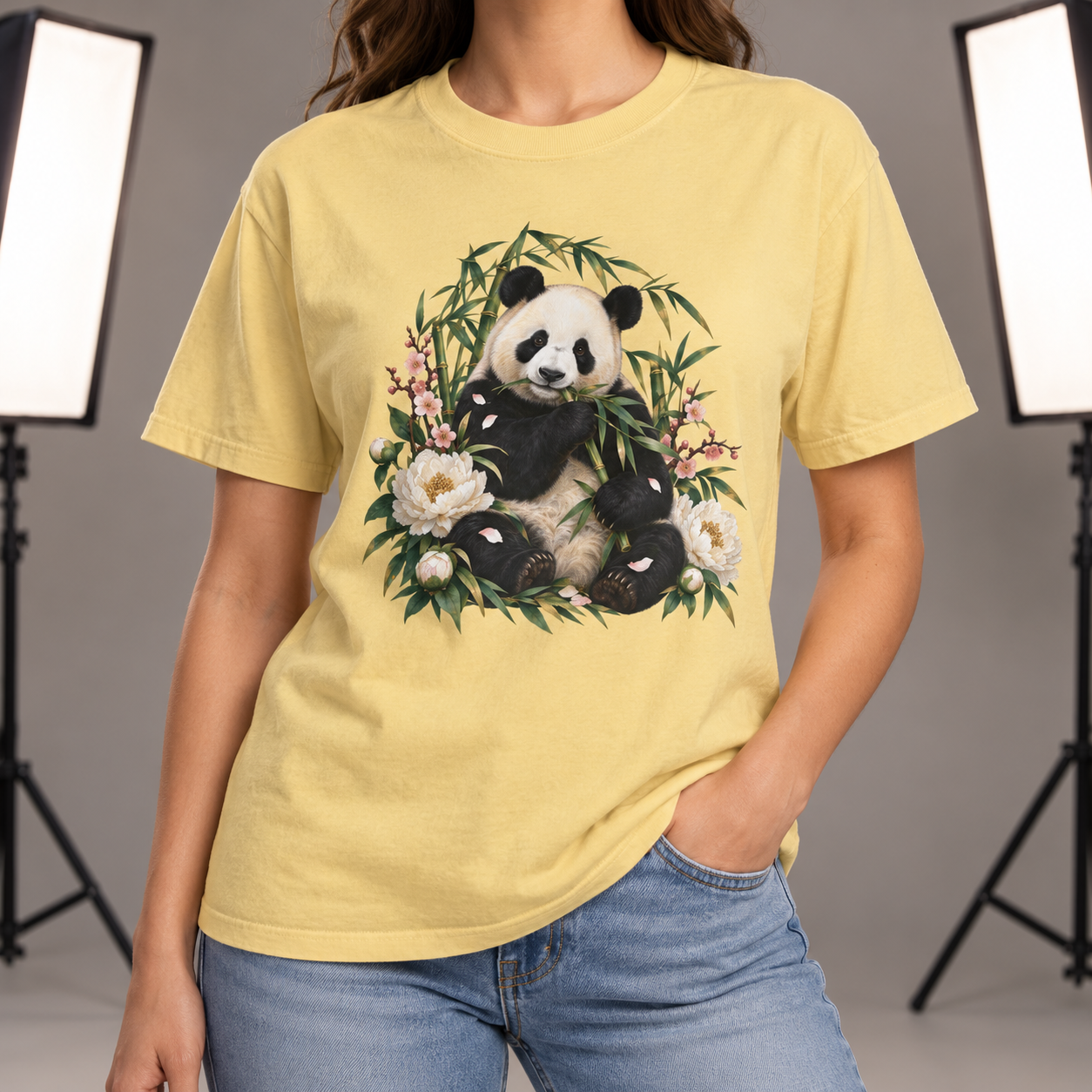 Panda, Peony & Bamboo T-Shirt — Garment-Dyed Cotton