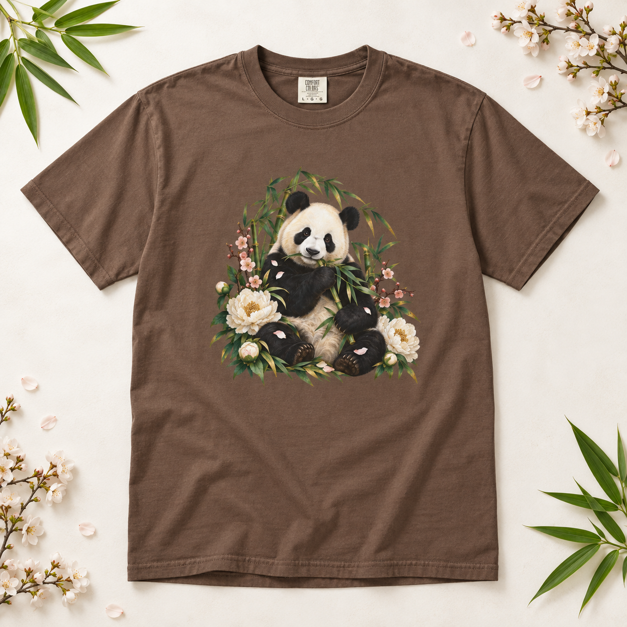 Panda, Peony & Bamboo T-Shirt — Garment-Dyed Cotton