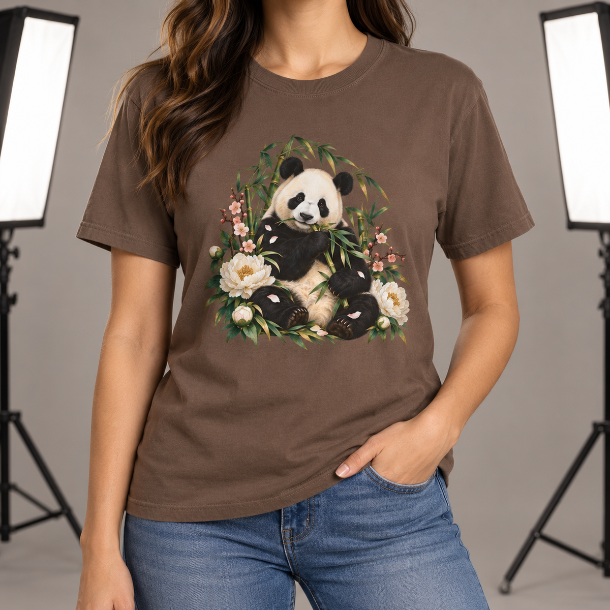 Panda, Peony & Bamboo T-Shirt — Garment-Dyed Cotton