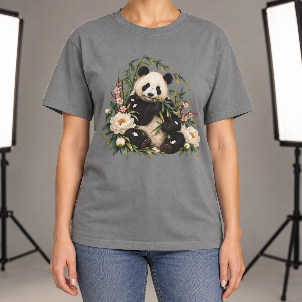 Panda, Peony & Bamboo T-Shirt — Garment-Dyed Cotton