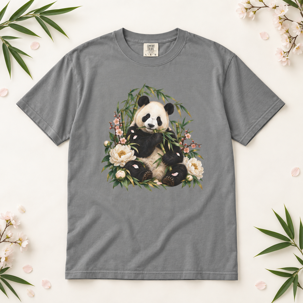 Panda, Peony & Bamboo T-Shirt — Garment-Dyed Cotton