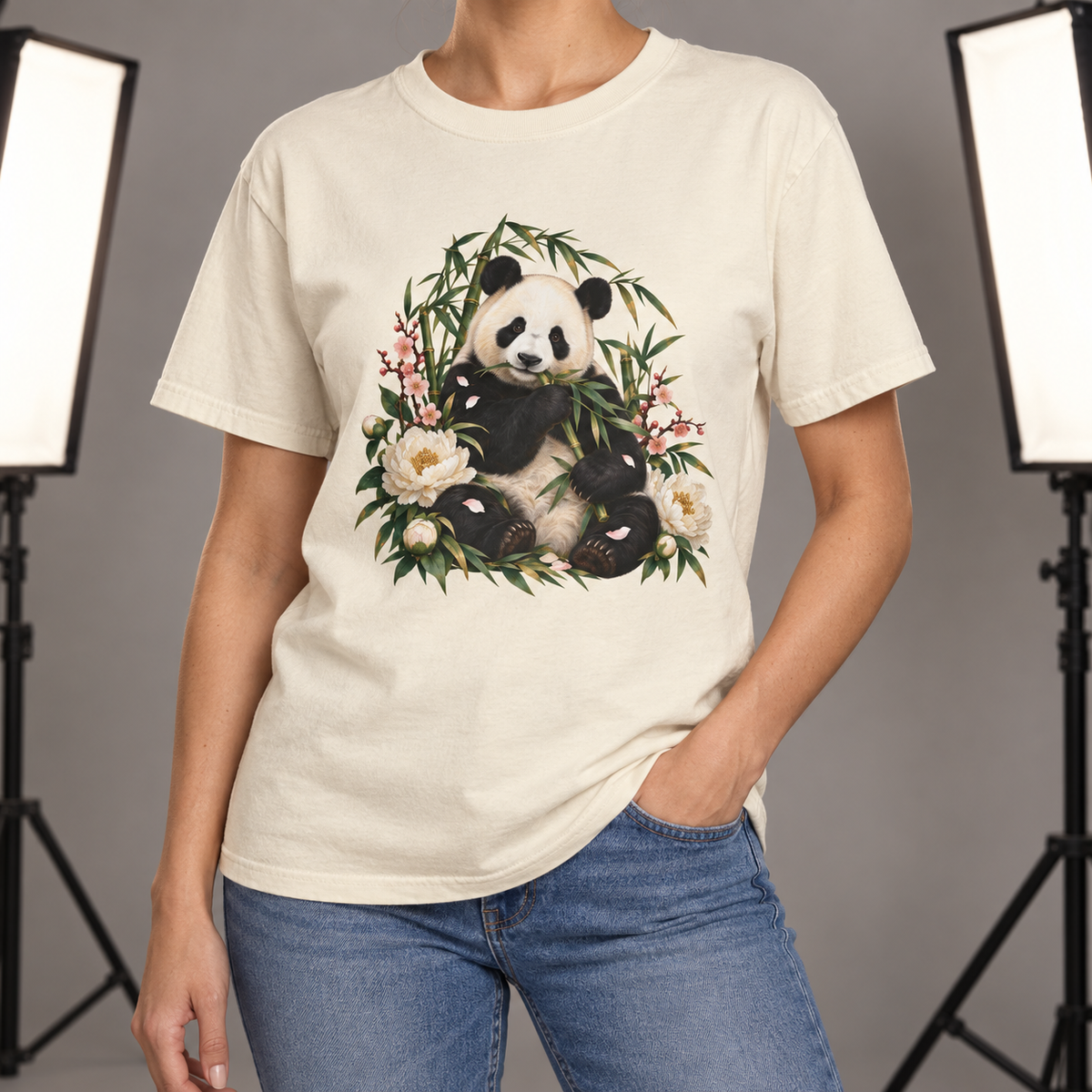 Panda, Peony & Bamboo T-Shirt — Garment-Dyed Cotton