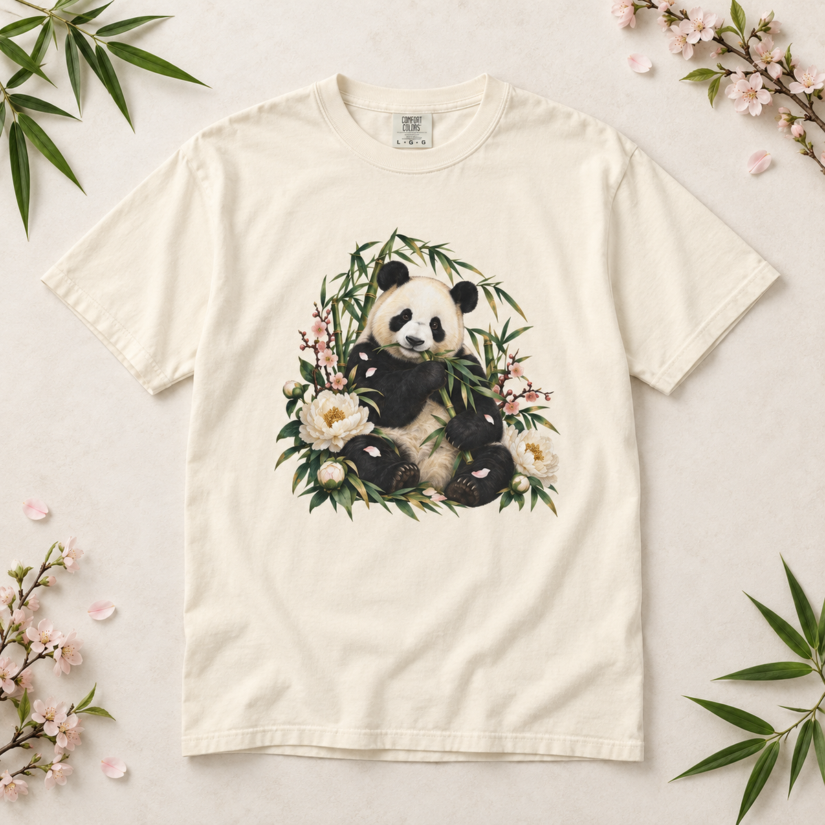 Panda, Peony & Bamboo T-Shirt — Garment-Dyed Cotton
