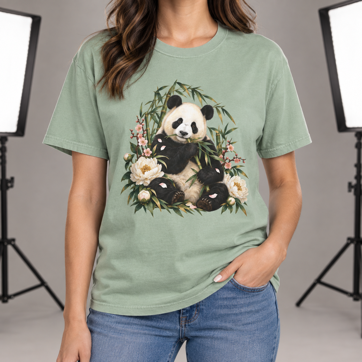 Panda, Peony & Bamboo T-Shirt — Garment-Dyed Cotton