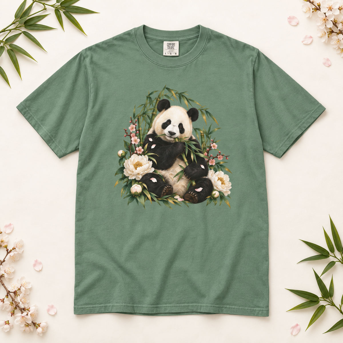Panda, Peony & Bamboo T-Shirt — Garment-Dyed Cotton
