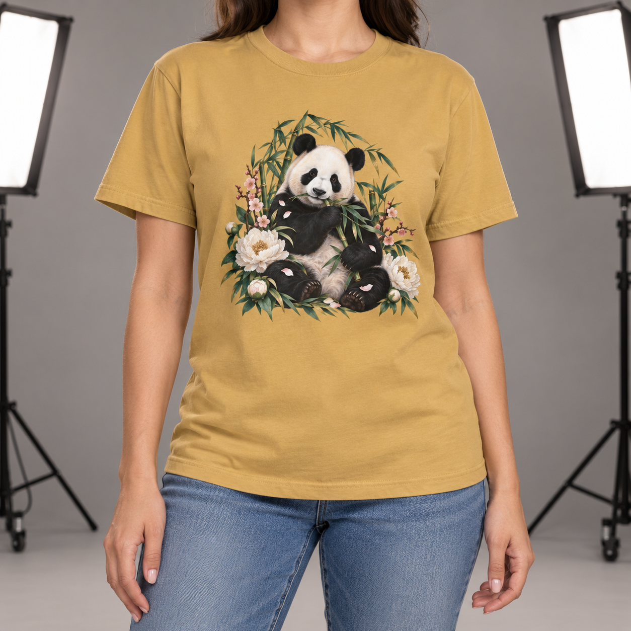 Panda, Peony & Bamboo T-Shirt — Garment-Dyed Cotton