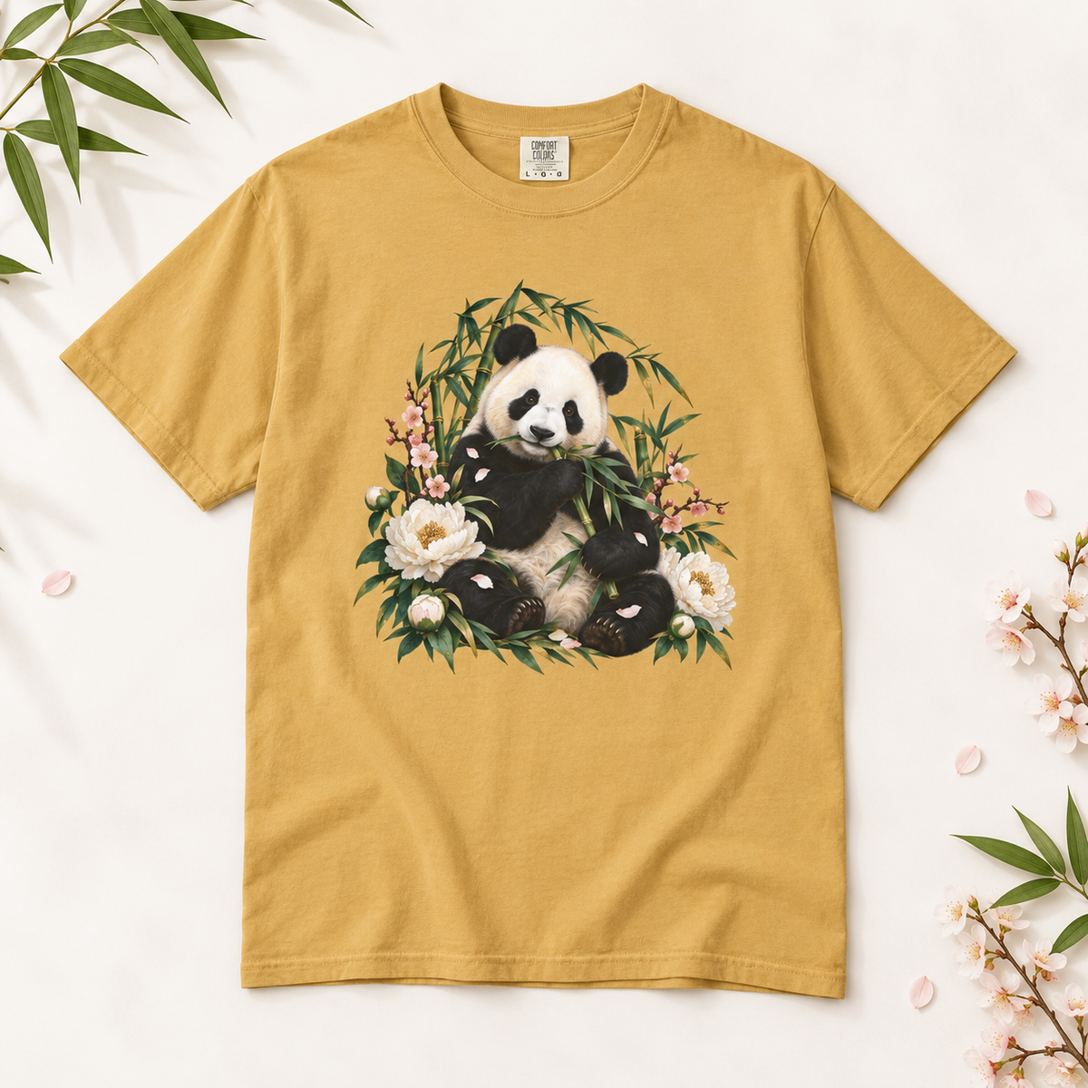 Panda, Peony & Bamboo T-Shirt — Garment-Dyed Cotton