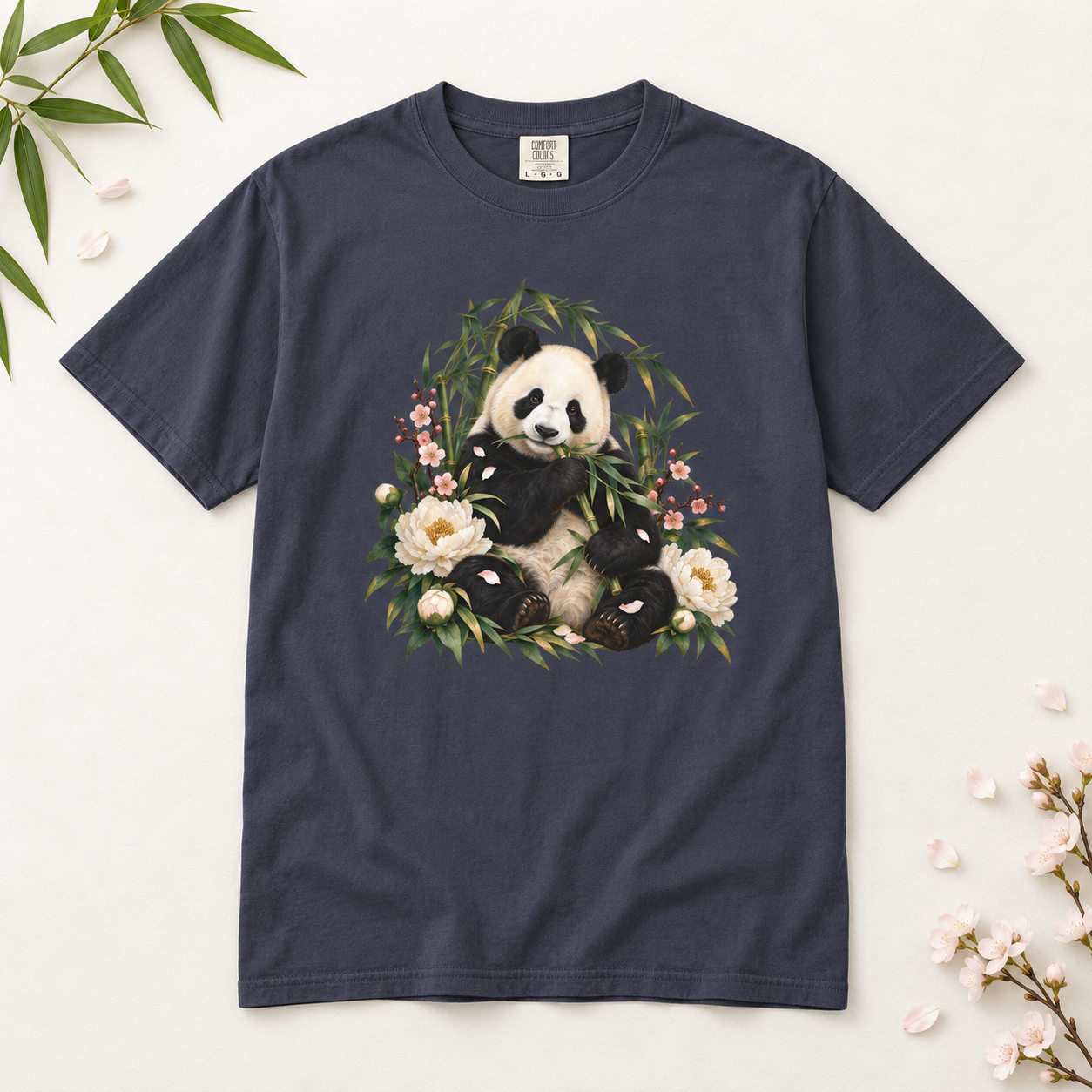Panda, Peony & Bamboo T-Shirt — Garment-Dyed Cotton
