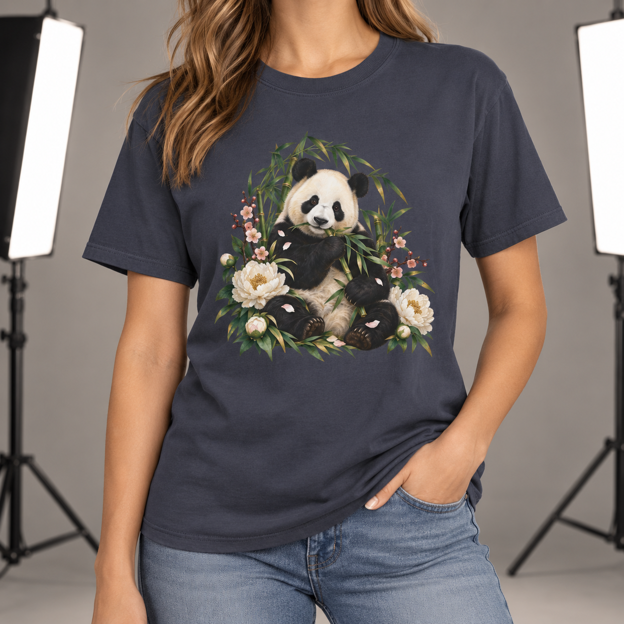 Panda, Peony & Bamboo T-Shirt — Garment-Dyed Cotton