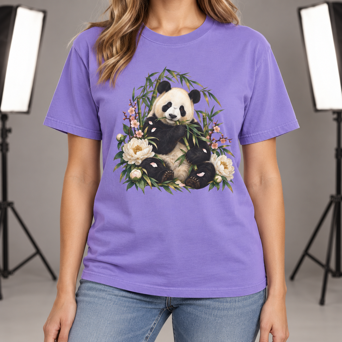 Panda, Peony & Bamboo T-Shirt — Garment-Dyed Cotton