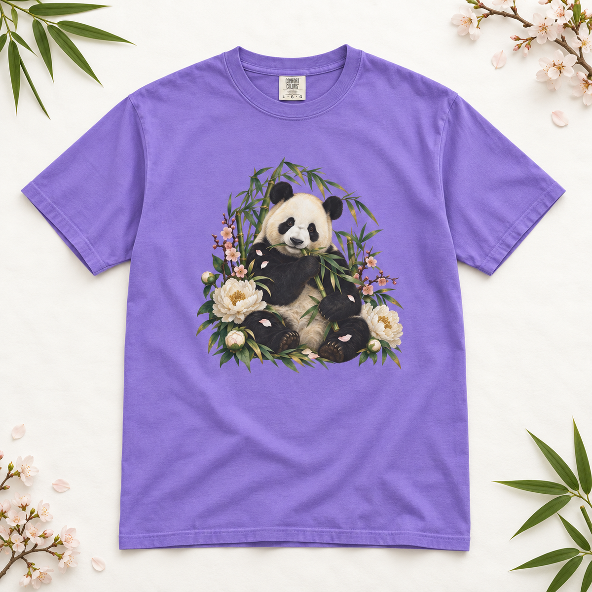 Panda, Peony & Bamboo T-Shirt — Garment-Dyed Cotton