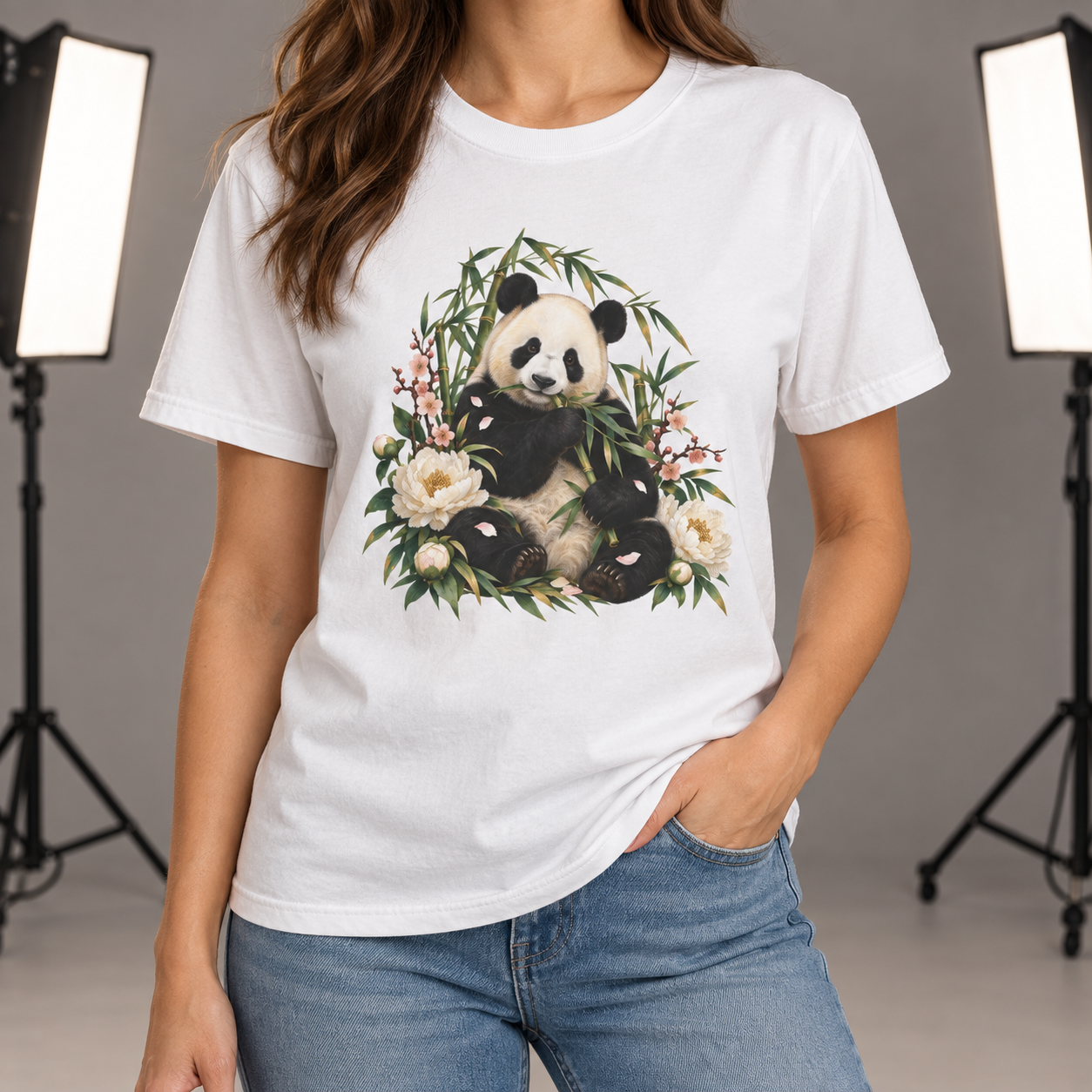 Panda, Peony & Bamboo T-Shirt — Garment-Dyed Cotton