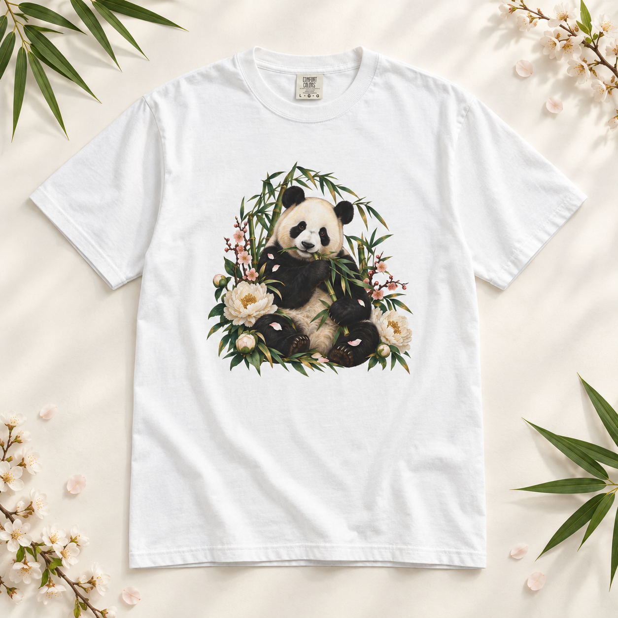 Panda, Peony & Bamboo T-Shirt — Garment-Dyed Cotton