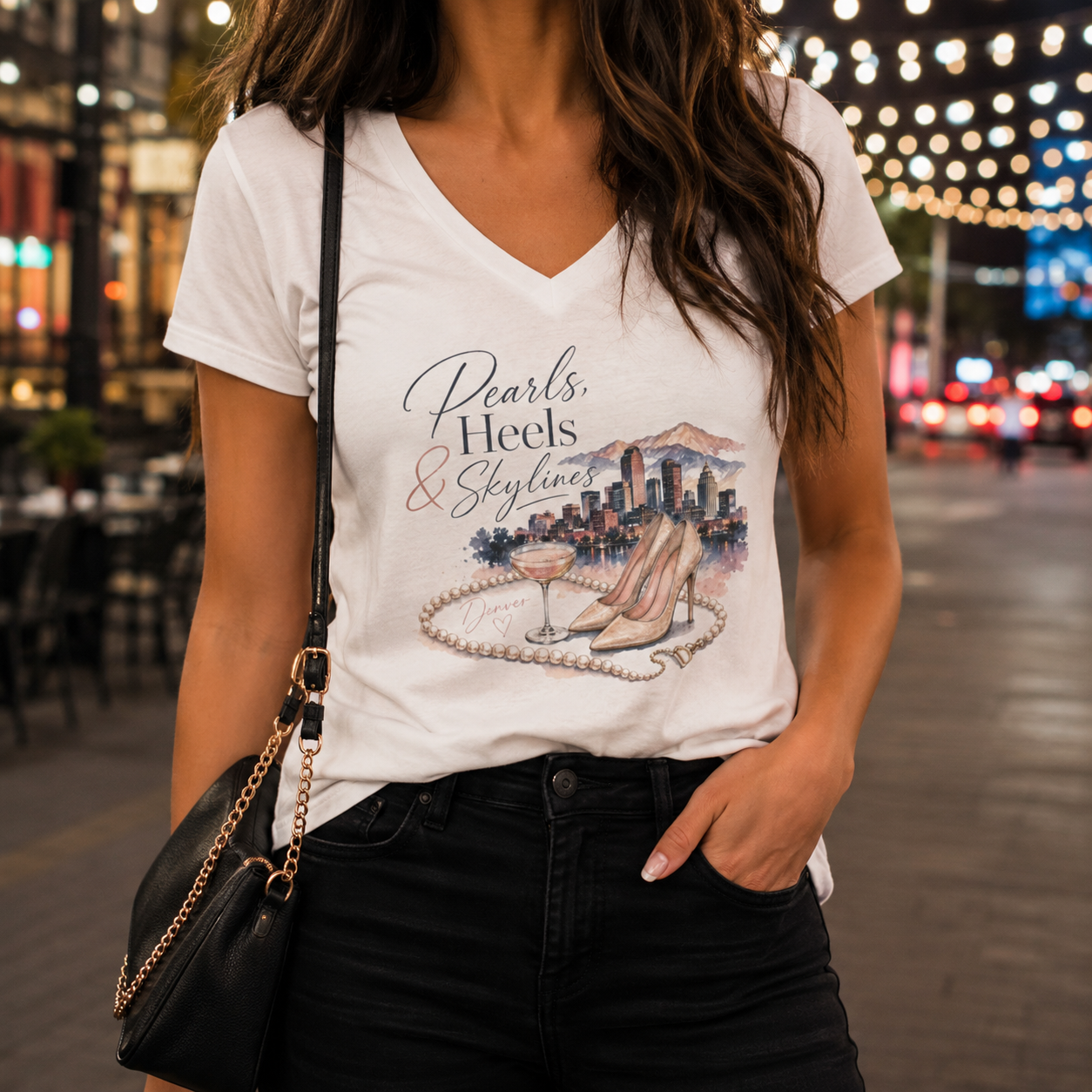 Pearls, Heels & Skylines — Denver Edition V-Neck Tee