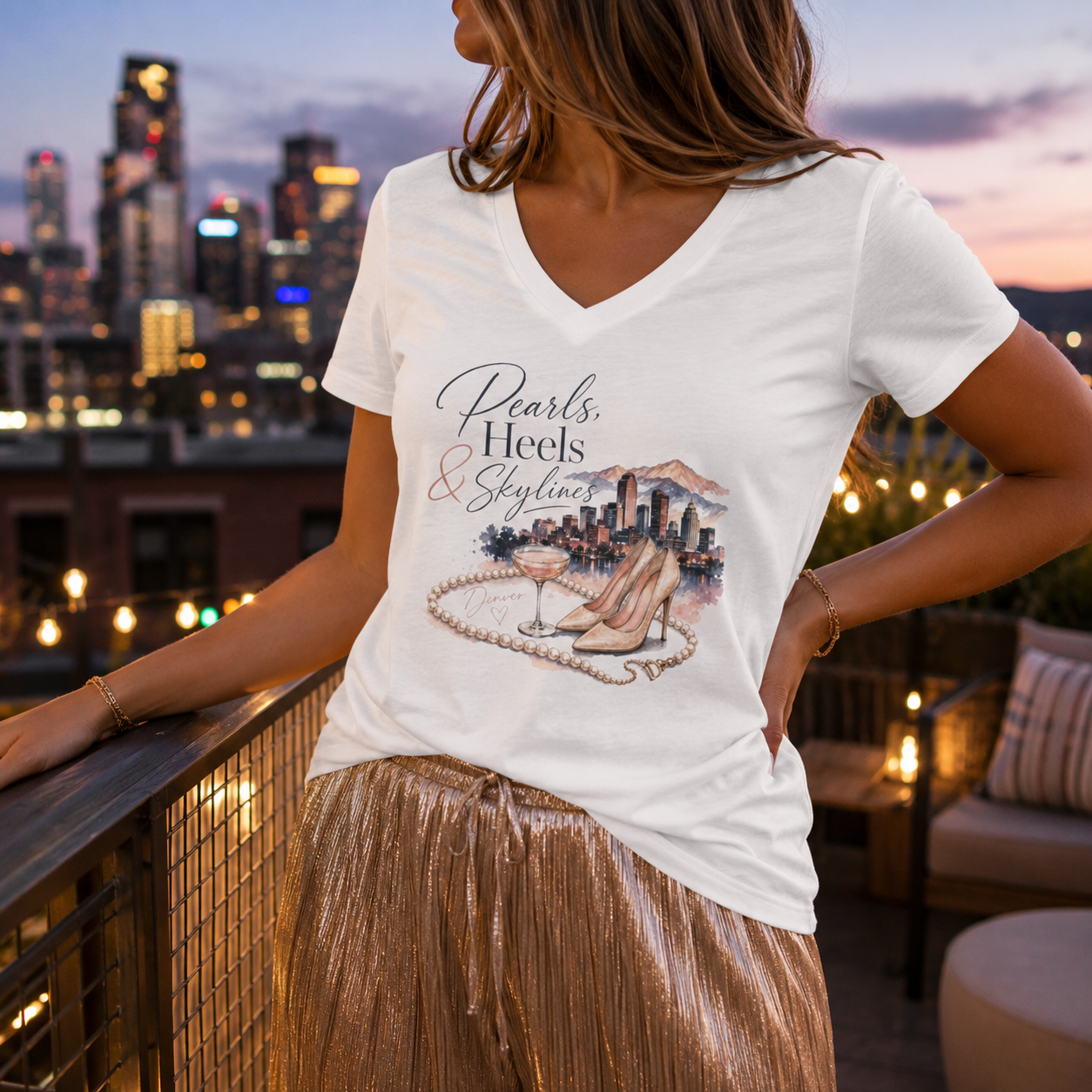 Pearls, Heels & Skylines — Denver Edition V-Neck Tee