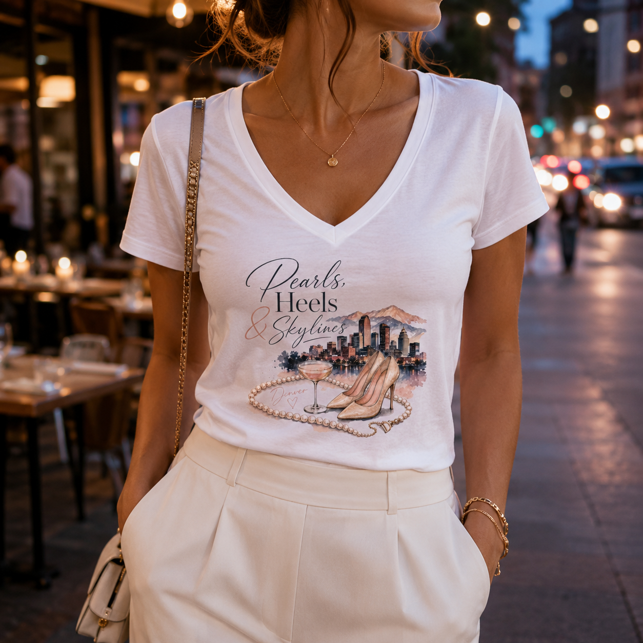 Pearls, Heels & Skylines — Denver Edition V-Neck Tee